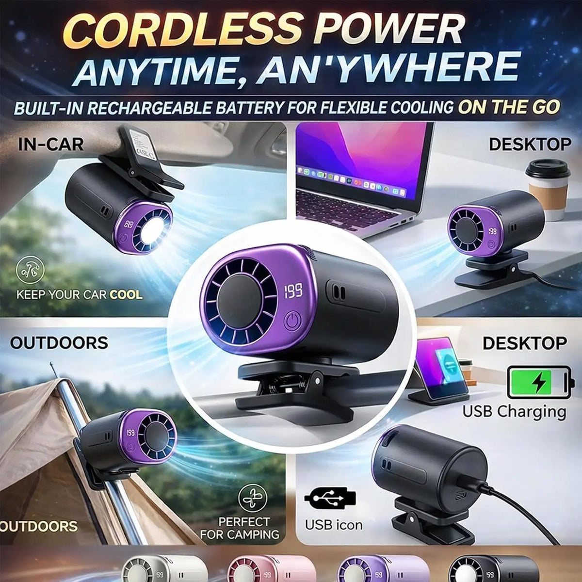Ventilador de aire acondicionado con clip para coche, modelo 2026, con pantalla LED, rotación de 360°, sistema de refrigeración portátil mini para vehículos, recargable por USB, 199 velocidades ajustables, semicooling de 16℃ y abrazadera ancha