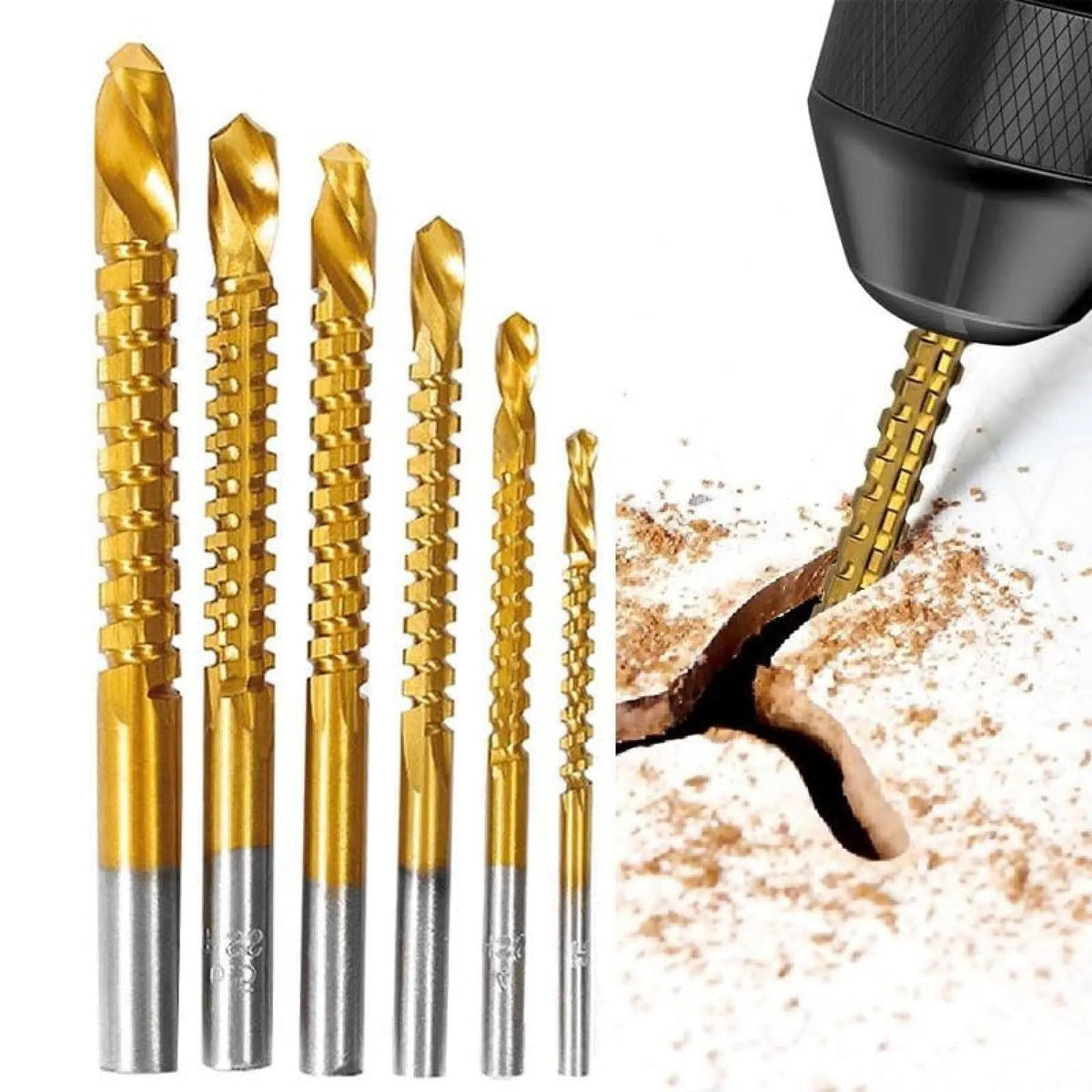 Juego de 6 brocas de acero de alta velocidad con recubrimiento de titanio, vástago recto de construcción duradera, revestimiento de titanio resistente al desgaste para perforar madera y plástico, solo para taladrar, no para cortar, brocas para metal