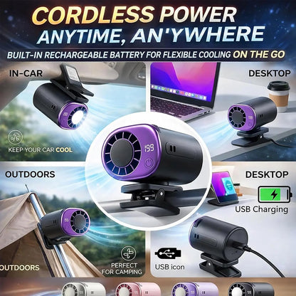 Ventilador de aire acondicionado con clip para coche, modelo 2026, con pantalla LED, rotación de 360°, sistema de refrigeración portátil mini para vehículos, recargable por USB, 199 velocidades ajustables, semicooling de 16℃ y abrazadera ancha