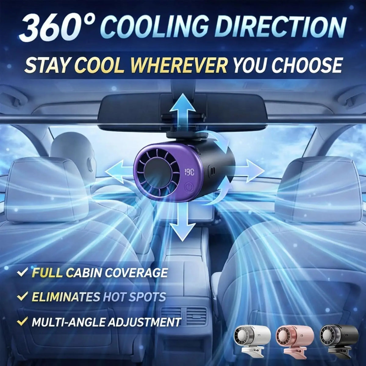 Ventilador de aire acondicionado con clip para coche, modelo 2026, con pantalla LED, rotación de 360°, sistema de refrigeración portátil mini para vehículos, recargable por USB, 199 velocidades ajustables, semicooling de 16℃ y abrazadera ancha