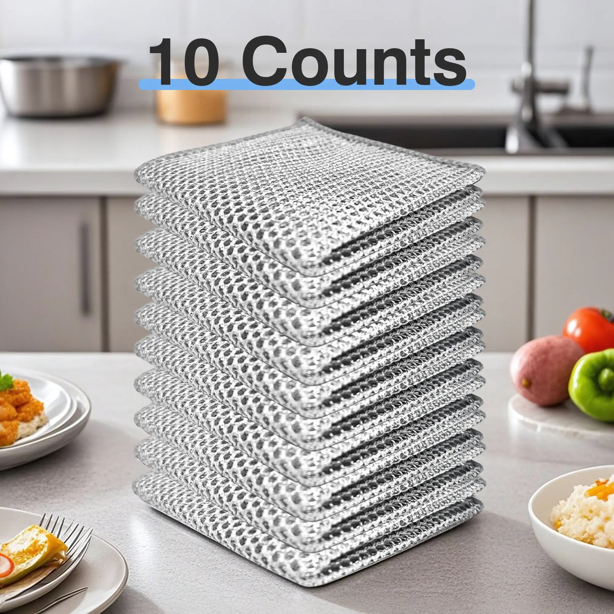 Paquete de 10 paños de alambre multiusos que no rayan, estropajos metálicos para lavar platos, trapos de limpieza de 2 capas para limpieza en seco y húmedo, utensilios de cocina