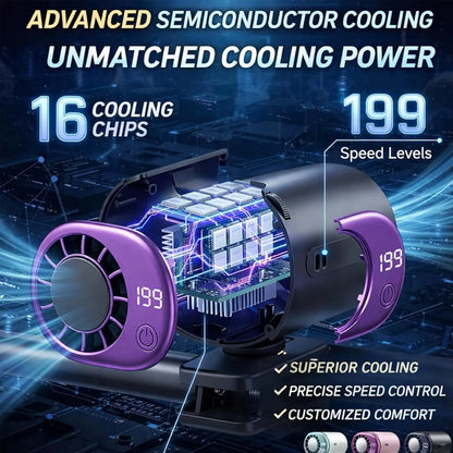 Ventilador de aire acondicionado con clip para coche, modelo 2026, con pantalla LED, rotación de 360°, sistema de refrigeración portátil mini para vehículos, recargable por USB, 199 velocidades ajustables, semicooling de 16℃ y abrazadera ancha