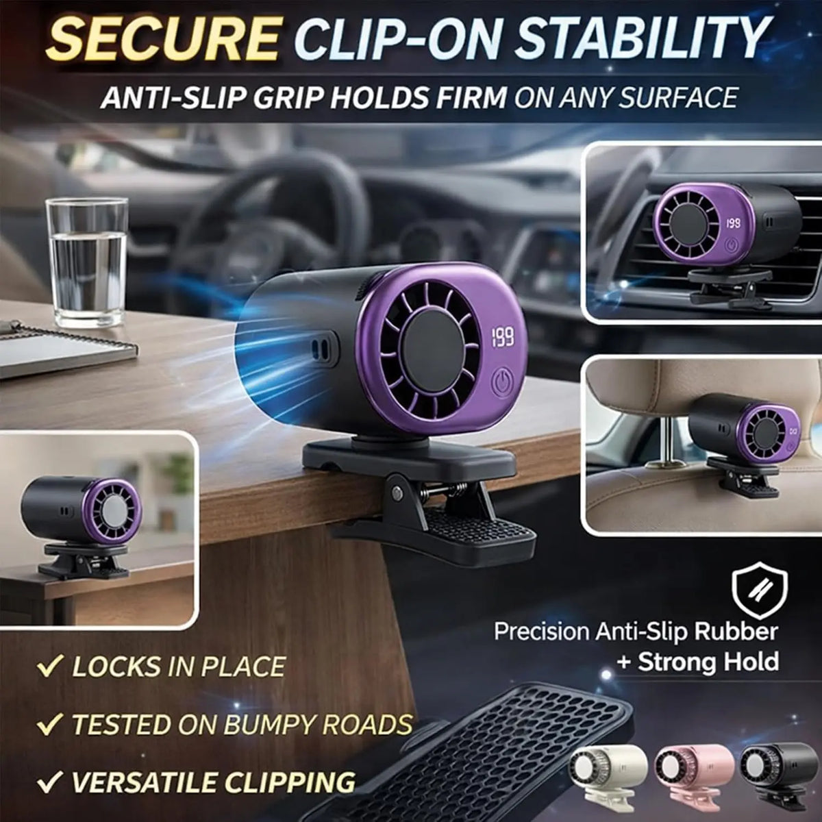 Ventilador de aire acondicionado con clip para coche, modelo 2026, con pantalla LED, rotación de 360°, sistema de refrigeración portátil mini para vehículos, recargable por USB, 199 velocidades ajustables, semicooling de 16℃ y abrazadera ancha