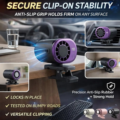 Ventilador de aire acondicionado con clip para coche, modelo 2026, con pantalla LED, rotación de 360°, sistema de refrigeración portátil mini para vehículos, recargable por USB, 199 velocidades ajustables, semicooling de 16℃ y abrazadera ancha
