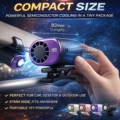 Ventilador de aire acondicionado con clip para coche, modelo 2026, con pantalla LED, rotación de 360°, sistema de refrigeración portátil mini para vehículos, recargable por USB, 199 velocidades ajustables, semicooling de 16℃ y abrazadera ancha