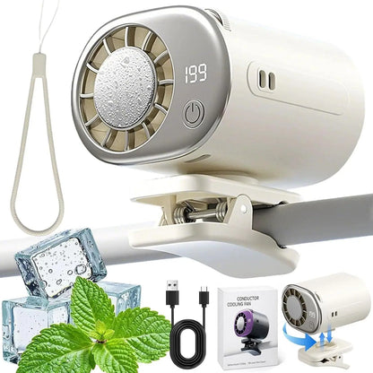 Ventilador de aire acondicionado con clip para coche, modelo 2026, con pantalla LED, rotación de 360°, sistema de refrigeración portátil mini para vehículos, recargable por USB, 199 velocidades ajustables, semicooling de 16℃ y abrazadera ancha