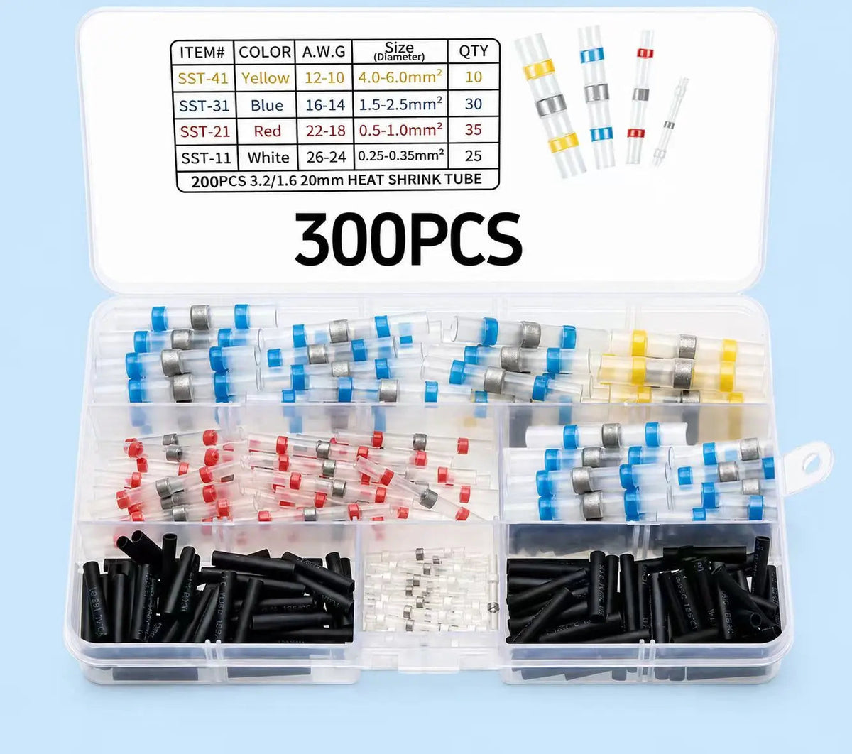 Paquete a granel de 300 conectores de cables termorretráctiles con soldadura: terminales de empalme impermeables con soldadura automática, adhesivo y resistencia a la abrasión para aplicaciones marinas y automotrices