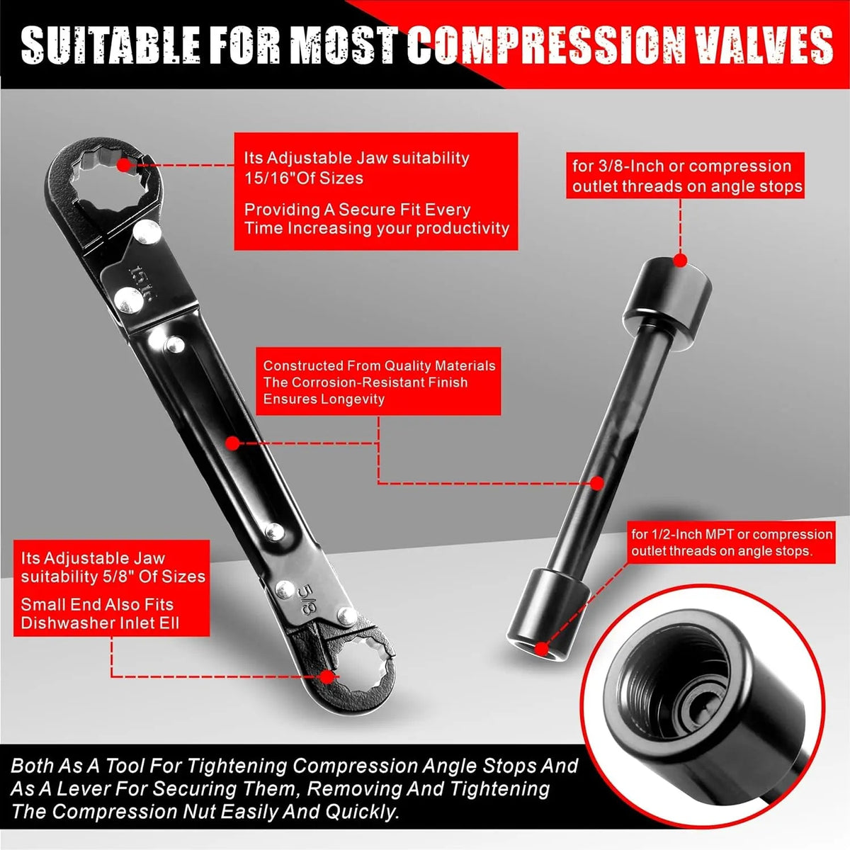 Plumbing Tools – Dual Wrench Kit, Angle Stop Wrench, Plumbing Wrench. Professional plumbing toolset specially designed for confined spaces for easy angle stop and supply nut installation. Must-have for plumbers.