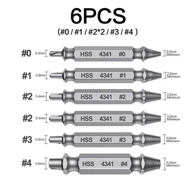 Juego de 6 extractores de tornillos y pernos rotos, herramienta de doble cabeza para reparación de pernos rotos, tornillos con dientes trasroscados y dañados, accesorio de punta para herramientas eléctricas para reparaciones domésticas
