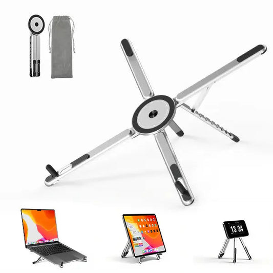 Portable Laptop Stand for Desk, Foldable Adjustable Computer Riser with Magnetic Phone Holder, Aluminum Laptop Stand for 10–16” Laptops & 4–13” Phones/Tablets (Silver)